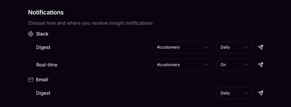 Digest frequency settings showing daily, weekly, and off options for Slack and email